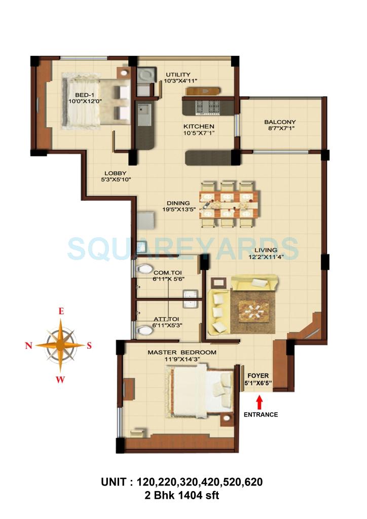 Floor plan of 2 BHK 1404 Sq. Ft. Apartment in Asset Builders Aura, Bangalore