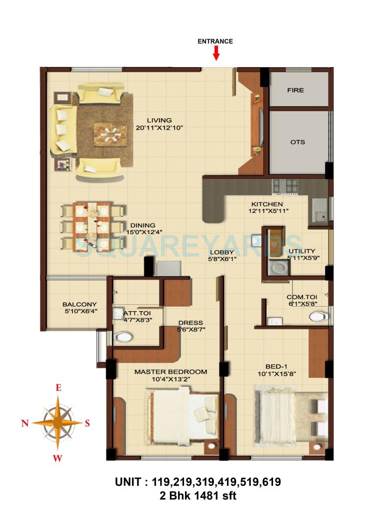 Floor plan of 2 BHK 1481 Sq. Ft. Apartment in Asset Builders Aura, Bangalore