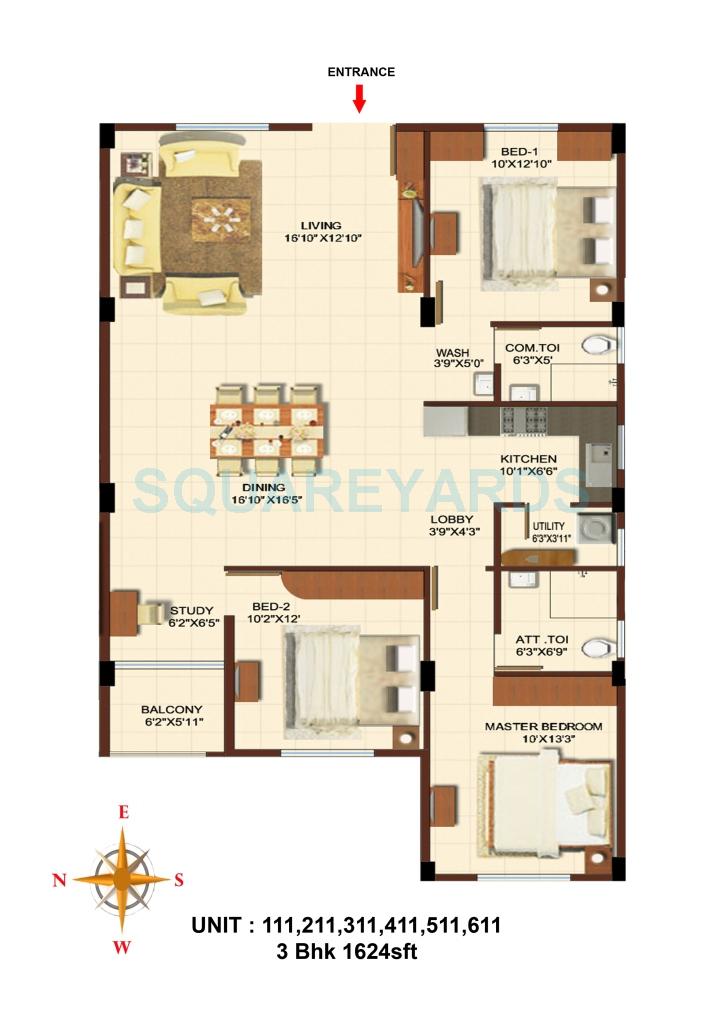 Floor plan of 3 BHK 1624 Sq. Ft. Apartment in Asset Builders Aura, Bangalore