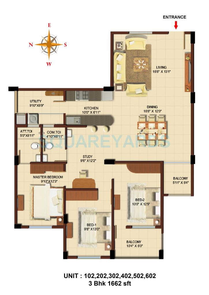Floor plan of 3 BHK 1662 Sq. Ft. Apartment in Asset Builders Aura, Bangalore