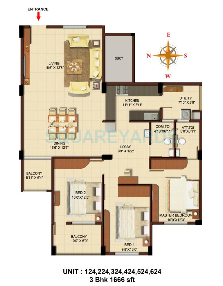 Floor plan of 3 BHK 1666 Sq. Ft. Apartment in Asset Builders Aura, Bangalore