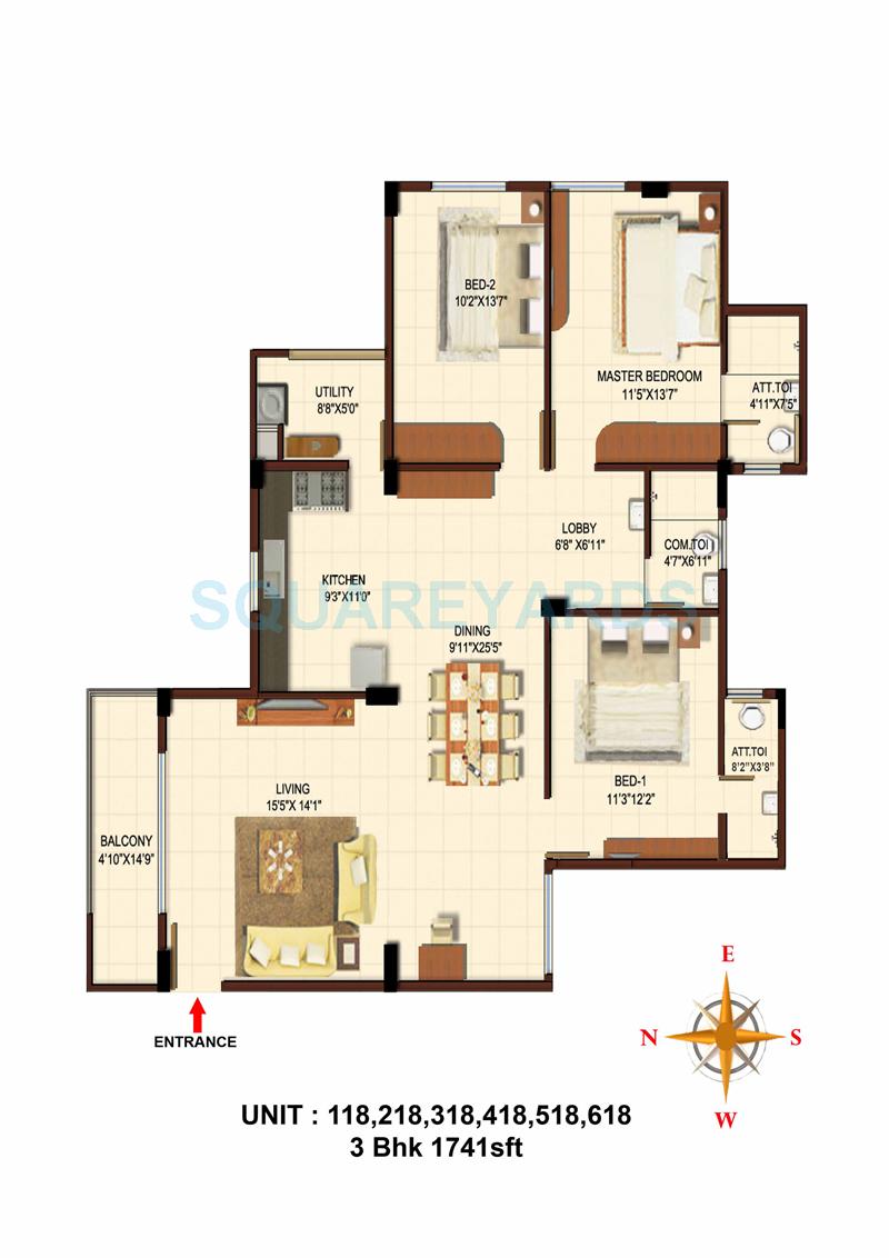Floor plan of 3 BHK 1741 Sq. Ft. Apartment in Asset Builders Aura, Bangalore