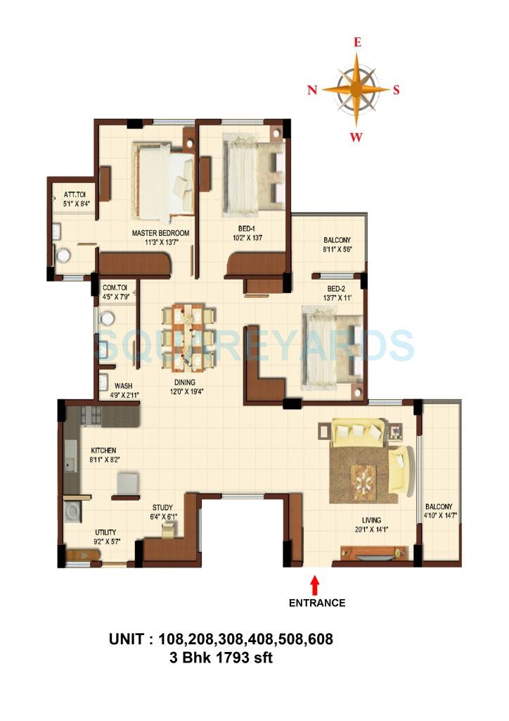 Floor plan of 3 BHK 1793 Sq. Ft. Apartment in Asset Builders Aura, Bangalore