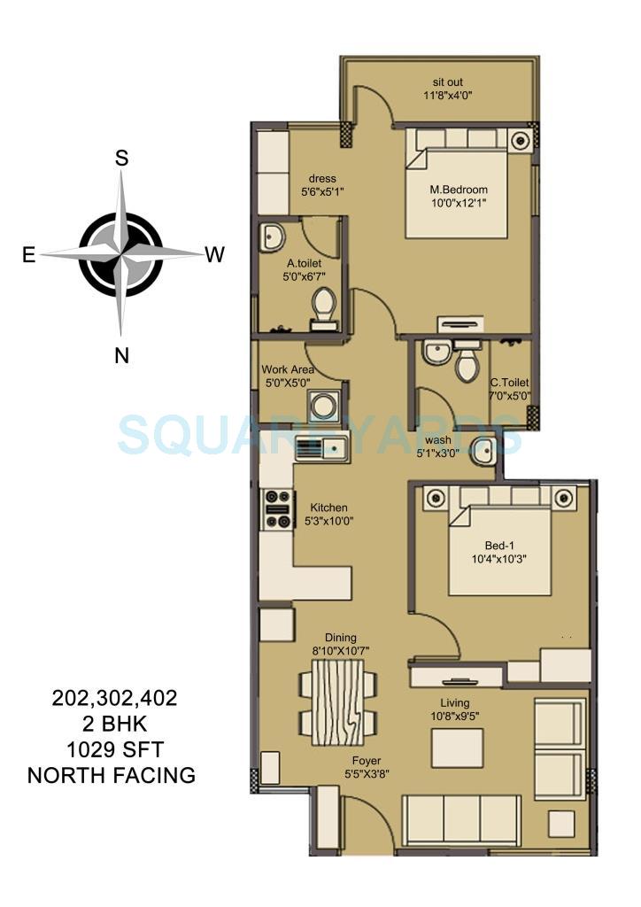 Floor plan of 2 BHK 1029 Sq. Ft. Apartment in Asset Builders Elvira, Bangalore