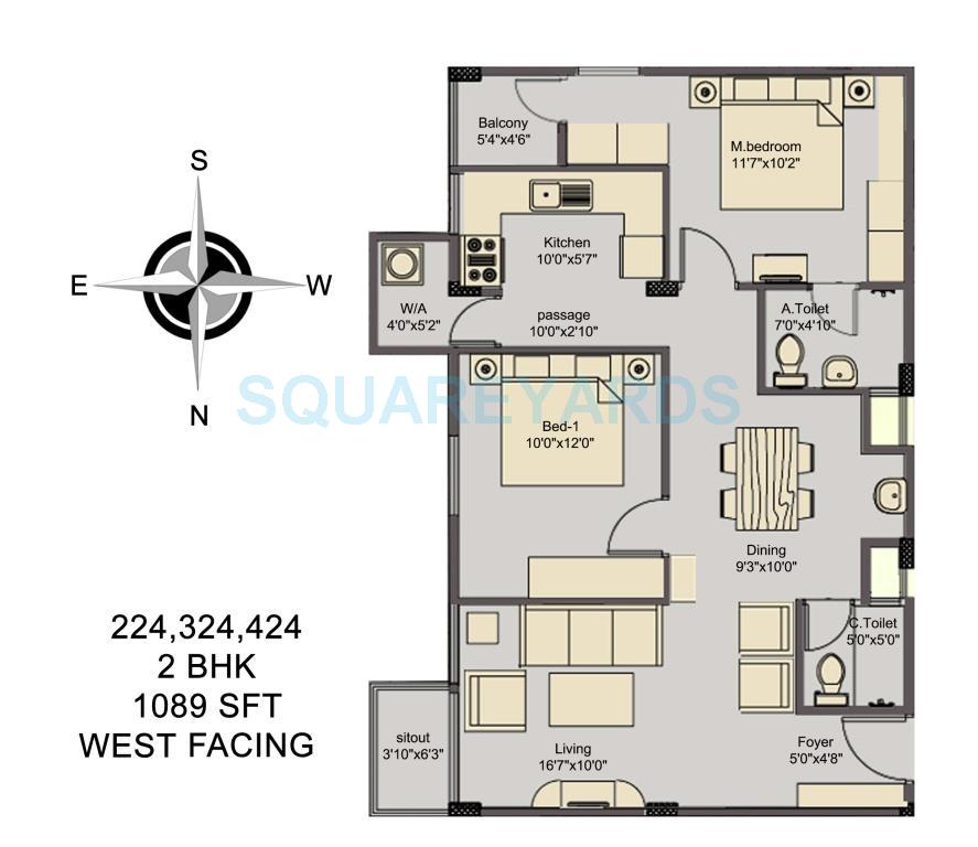Floor plan of 2 BHK 1089 Sq. Ft. Apartment in Asset Builders Elvira, Bangalore