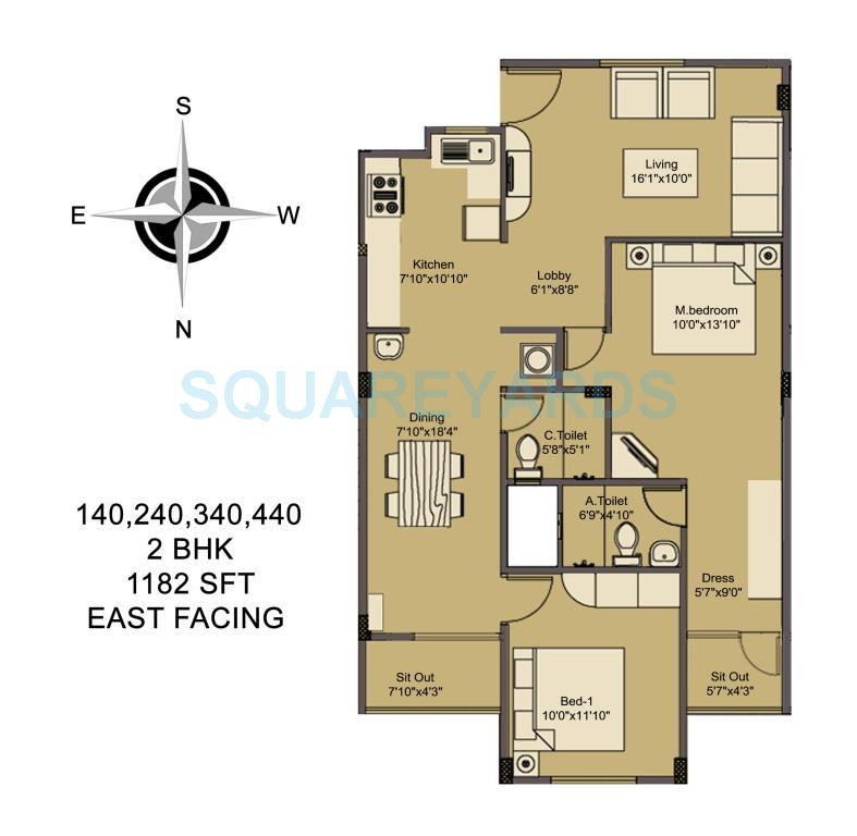 Floor plan of 2 BHK 1182 Sq. Ft. Apartment in Asset Builders Elvira, Bangalore