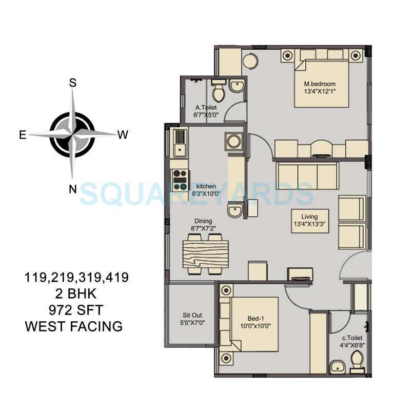 Floor plan of 2 BHK 972 Sq. Ft. Apartment in Asset Builders Elvira, Bangalore