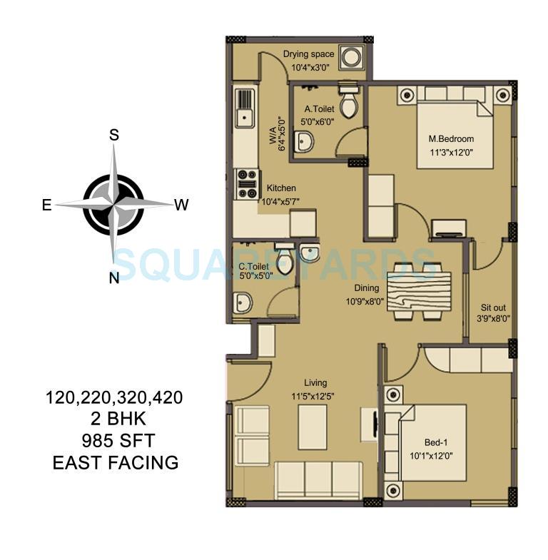 Floor plan of 2 BHK 988 Sq. Ft. Apartment in Asset Builders Elvira, Bangalore
