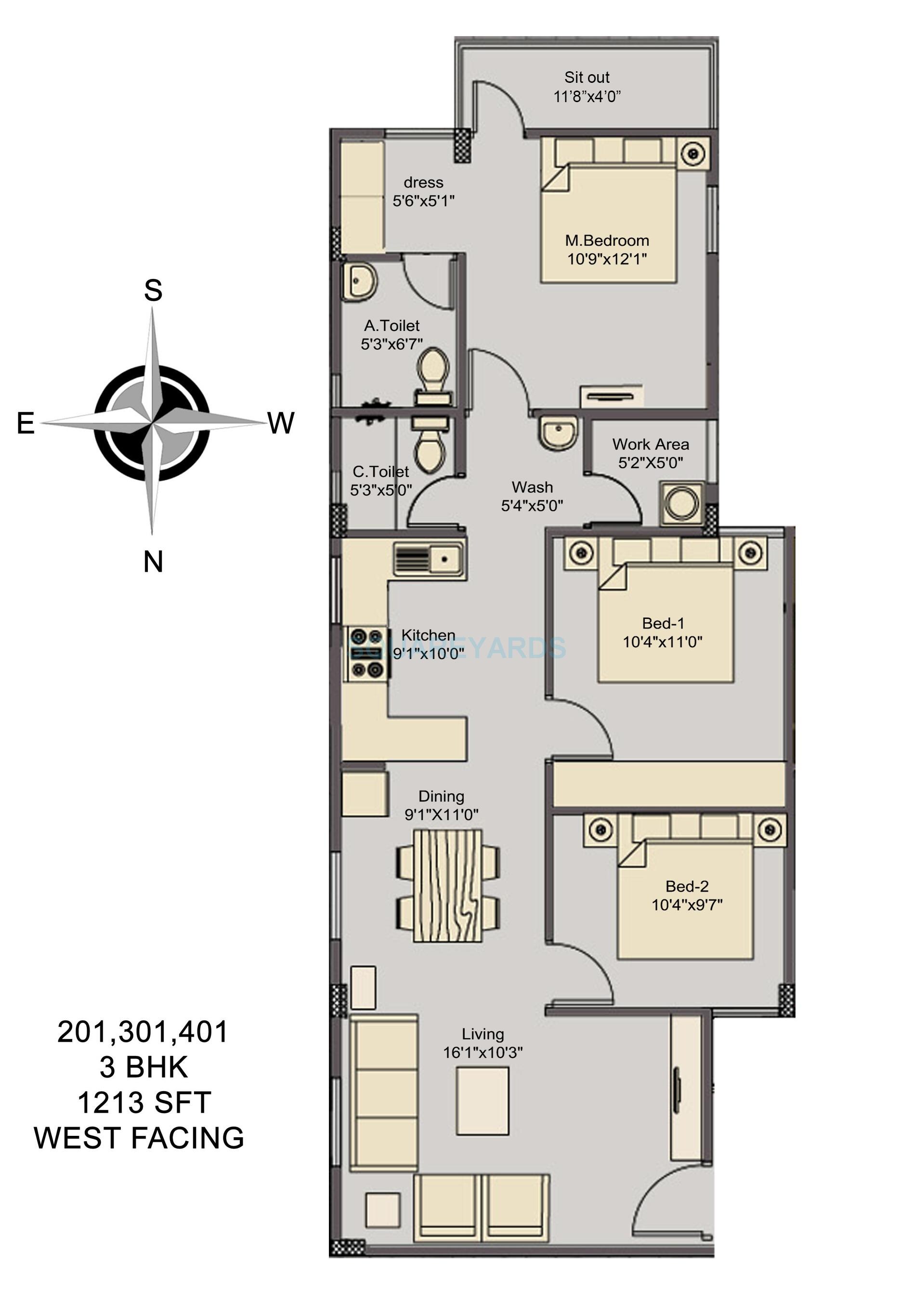Floor plan of 3 BHK 1213 Sq. Ft. Apartment in Asset Builders Elvira, Bangalore