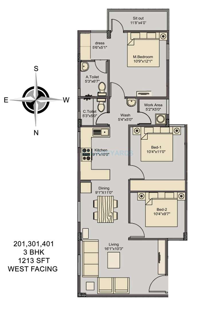 asset builders elvira apartment 3bhk 1213sqft1