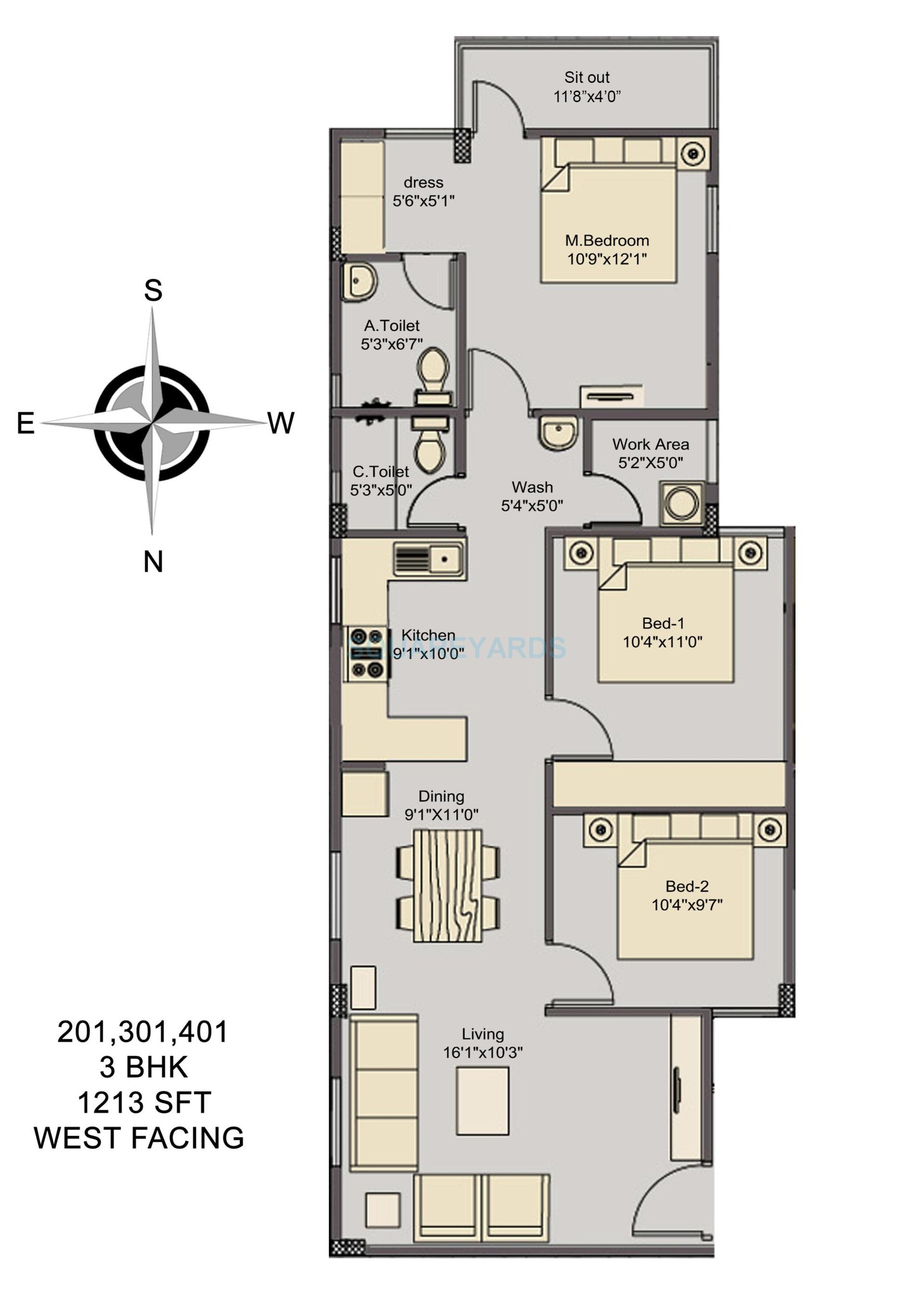 asset builders elvira apartment 3bhk 1213sqft1