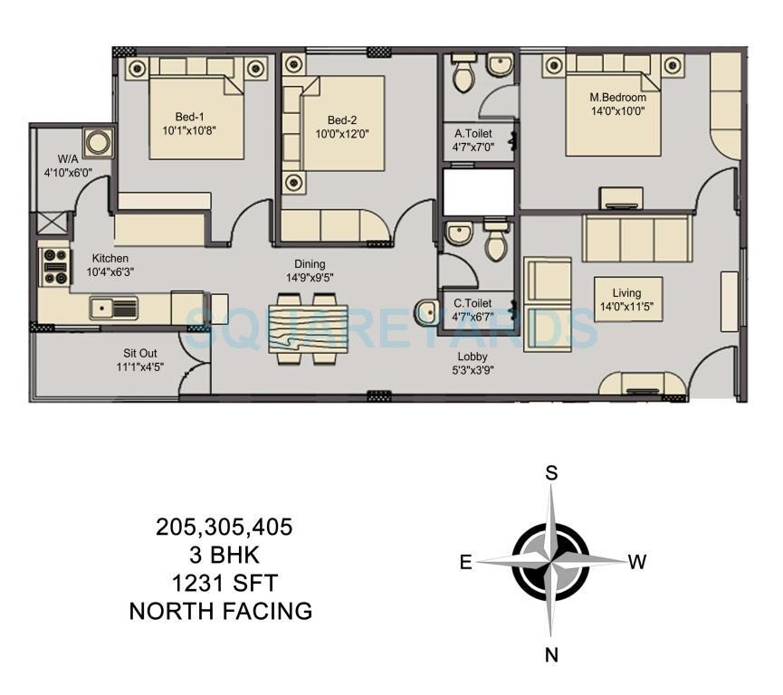 Floor plan of 3 BHK 1231 Sq. Ft. Apartment in Asset Builders Elvira, Bangalore
