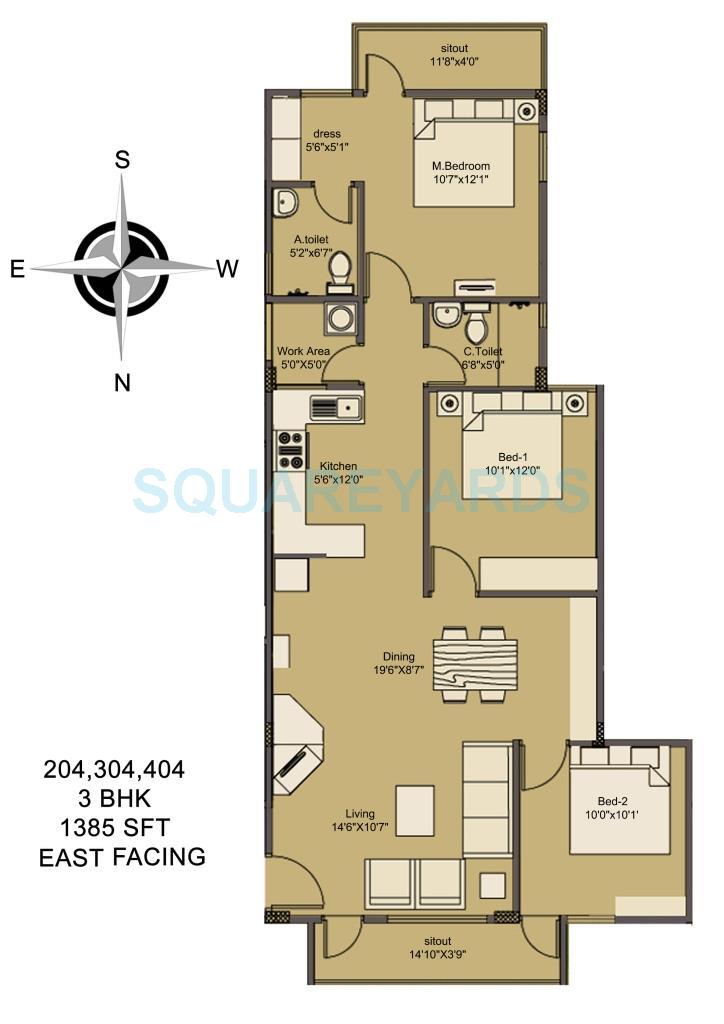 Floor plan of 3 BHK 1385 Sq. Ft. Apartment in Asset Builders Elvira, Bangalore