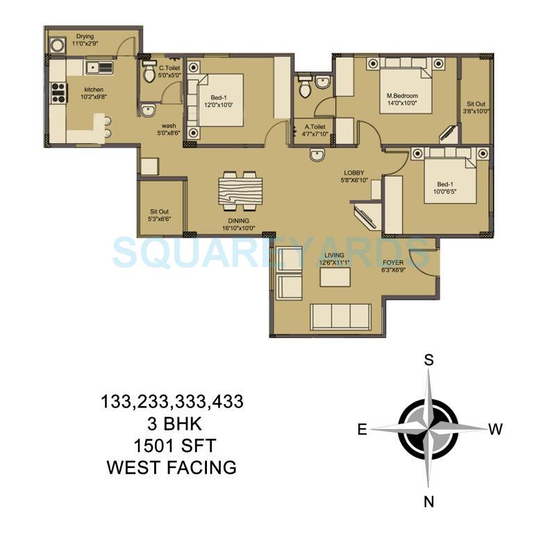 Floor plan of 3 BHK 1501 Sq. Ft. Apartment in Asset Builders Elvira, Bangalore