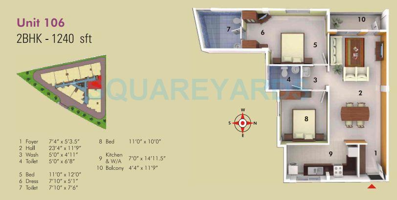 Floor plan of 2 BHK 1240 Sq. Ft. Apartment in Asset Builders Serene, Bangalore