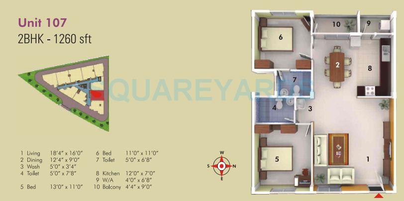 Floor plan of 2 BHK 1260 Sq. Ft. Apartment in Asset Builders Serene, Bangalore