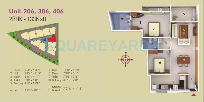 Floor plan of 2 BHK 1336 Sq. Ft. Apartment in Asset Builders Serene, Bangalore