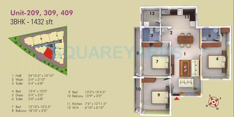 Floor plan of 3 BHK 1432 Sq. Ft. Apartment in Asset Builders Serene, Bangalore