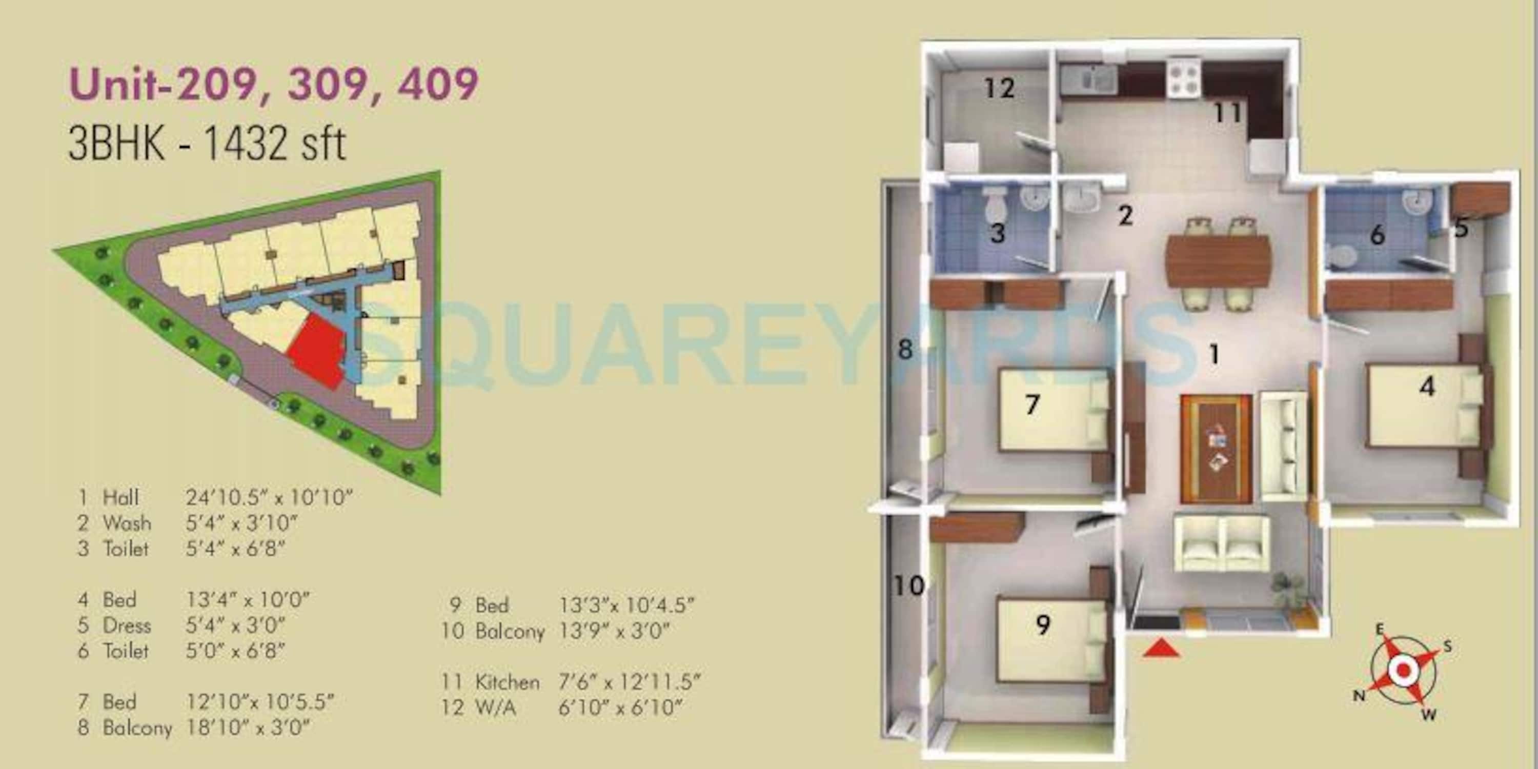 asset builders serene apartment 3bhk 1432sqft 1