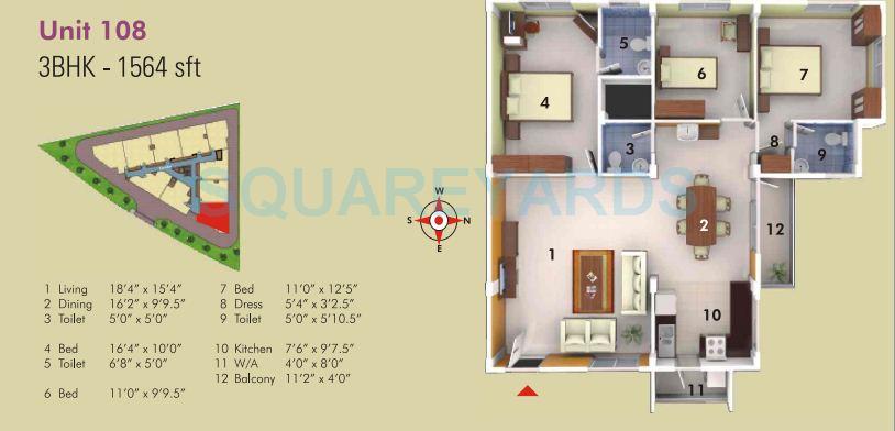 Floor plan of 3 BHK 1564 Sq. Ft. Apartment in Asset Builders Serene, Bangalore