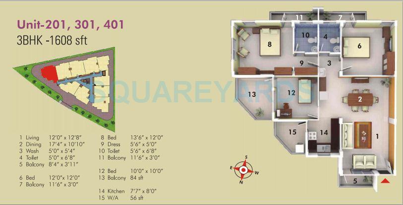 Floor plan of 3 BHK 1608 Sq. Ft. Apartment in Asset Builders Serene, Bangalore