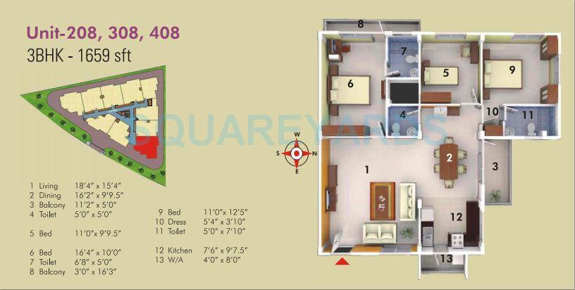 Floor plan of 3 BHK 1659 Sq. Ft. Apartment in Asset Builders Serene, Bangalore