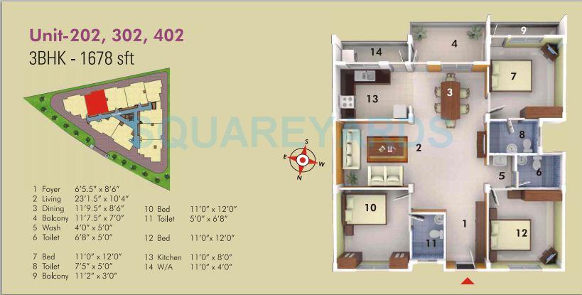 Floor plan of 3 BHK 1678 Sq. Ft. Apartment in Asset Builders Serene, Bangalore