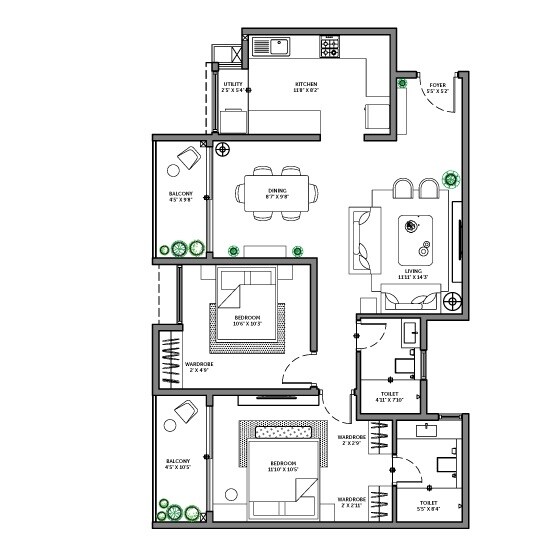 Floor plan of 2 BHK 1159 Sq. Ft. Apartment in Assetz 63 Degree East Tower B, Bangalore