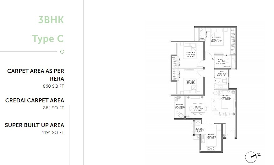 Floor plan of 3 BHK 1191 Sq. Ft. Apartment in Assetz 63 Degree East Tower B, Bangalore