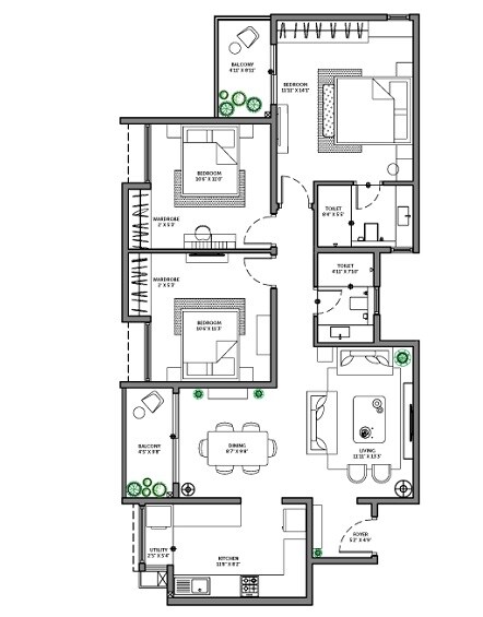 Floor plan of 3 BHK 1396 Sq. Ft. Apartment in Assetz 63 Degree East Tower B, Bangalore