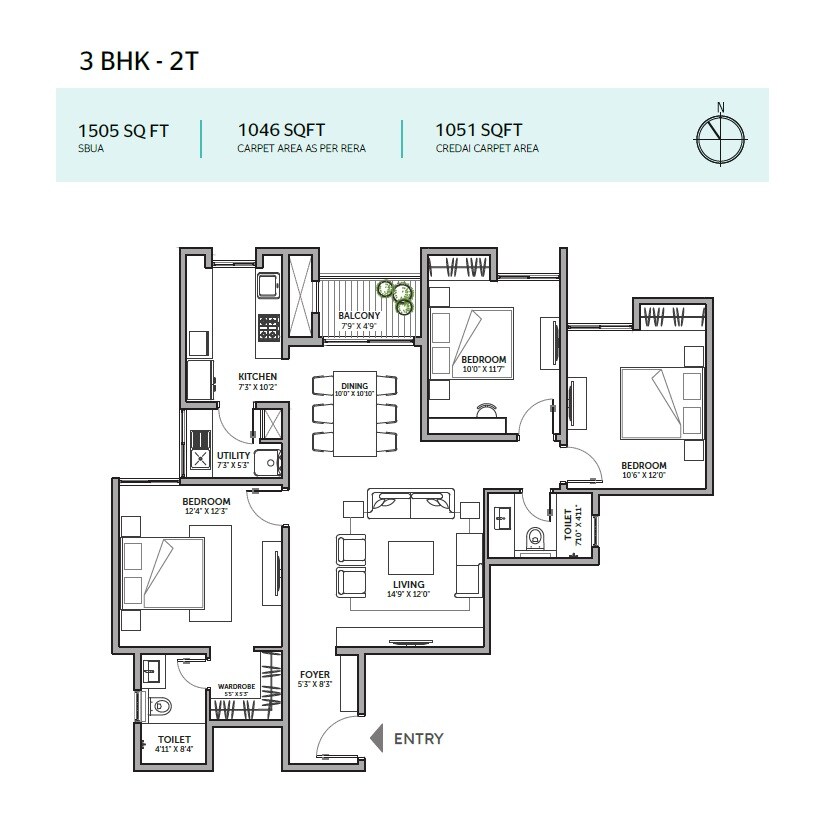 Floor plan of 3 BHK 1505 Sq. Ft. Apartment in Assetz Canvas And Cove 2, Bangalore