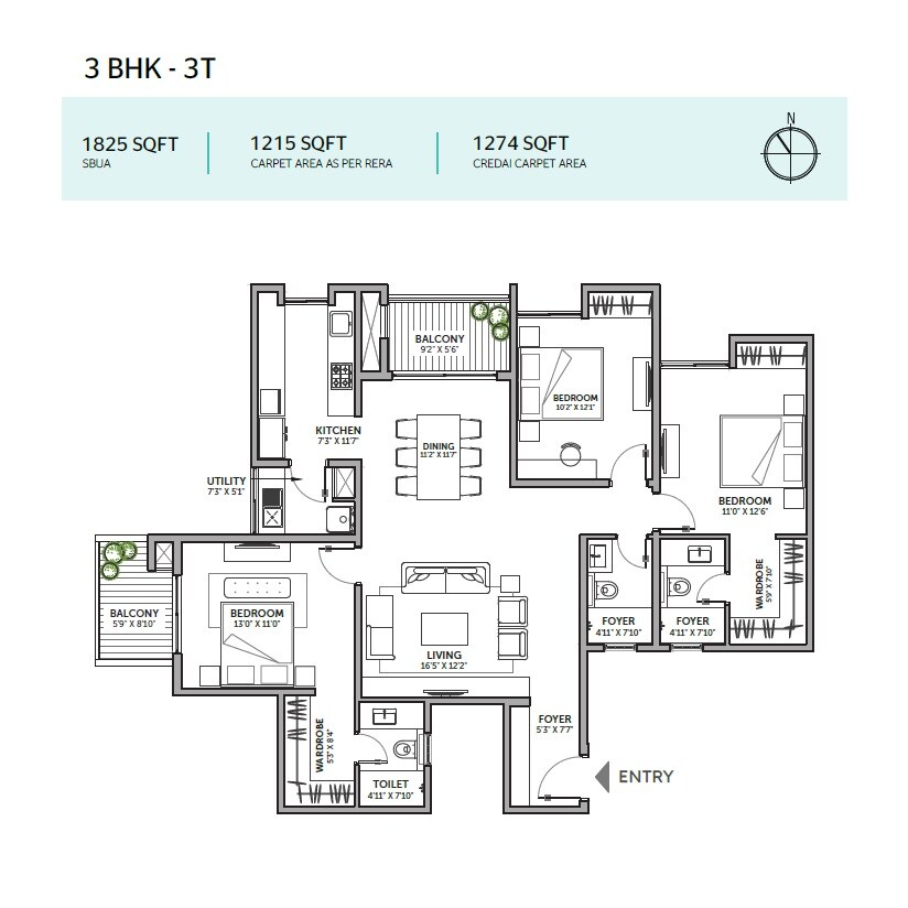 3 BHK 1825 Sq. Ft. Apartment
