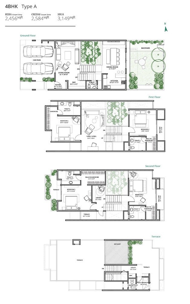 Floor plan of 4 BHK 3149 Sq. Ft. Row House in Assetz Earth And Essence, Bangalore