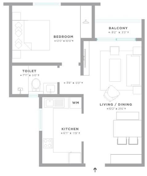 Floor plan of 1 BHK 660 Sq. Ft. Apartment in Assetz Here And Now, Bangalore