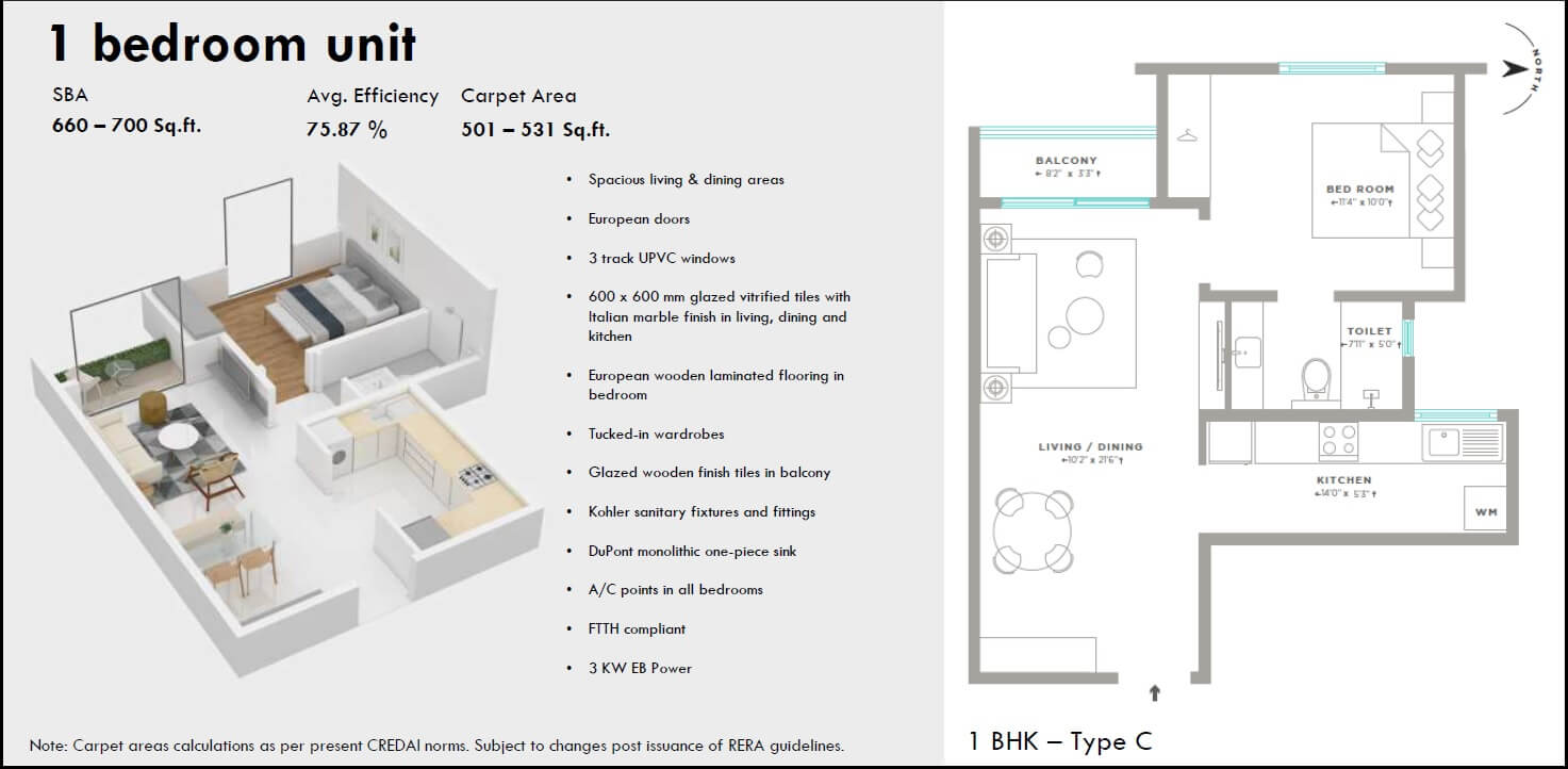Floor plan of 1 BHK 695 Sq. Ft. Apartment in Assetz Here And Now, Bangalore