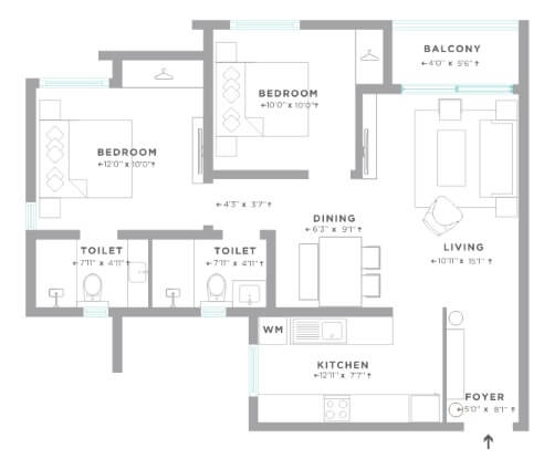 Floor plan of 2 BHK 1010 Sq. Ft. Apartment in Assetz Here And Now, Bangalore