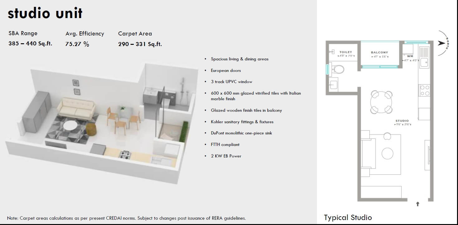 Floor plan of 1 BHK 440 Sq. Ft. Studio in Assetz Here And Now, Bangalore