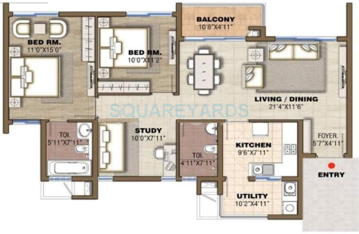 Floor plan of 2 BHK 1300 Sq. Ft. Apartment in Assetz Homes East Point, Bangalore