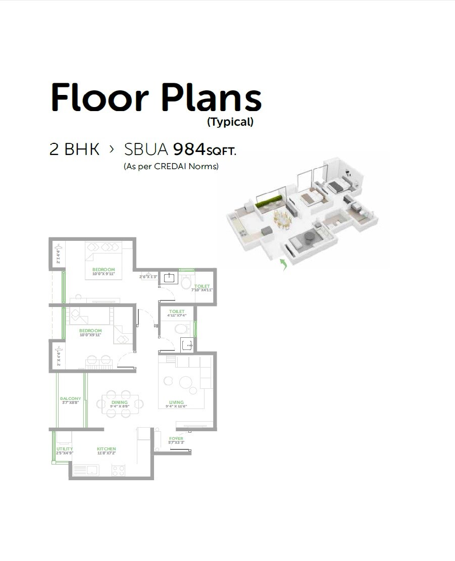Floor plan of 2 BHK 984 Sq. Ft. Apartment in Assetz Homes East Point, Bangalore
