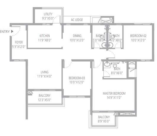 Floor plan of 3 BHK 1690 Sq. Ft. Apartment in Assetz Homes East Point, Bangalore