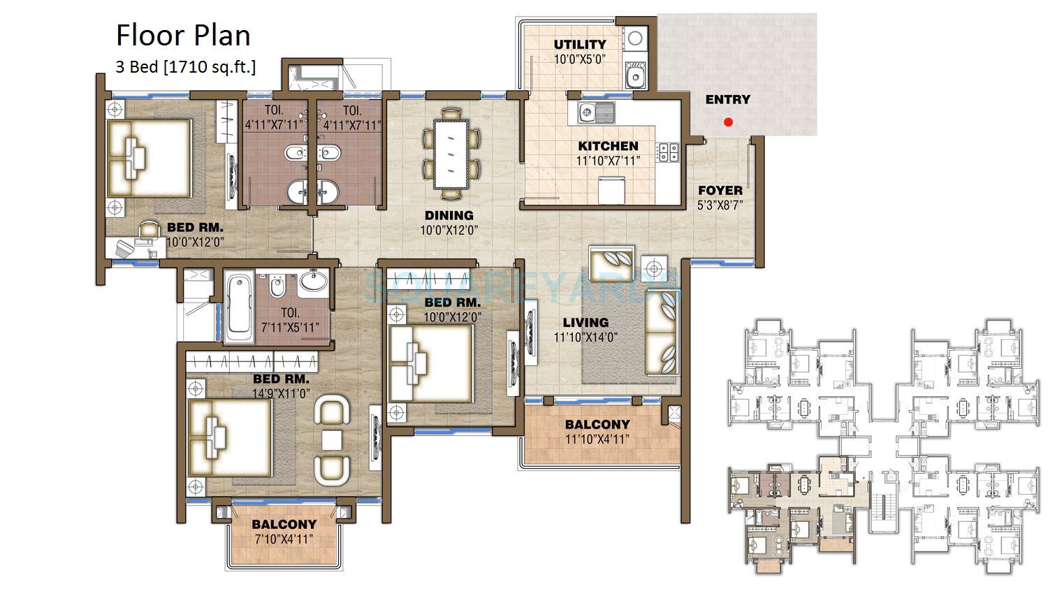 Floor plan of 3 BHK 1710 Sq. Ft. Apartment in Assetz Homes East Point, Bangalore