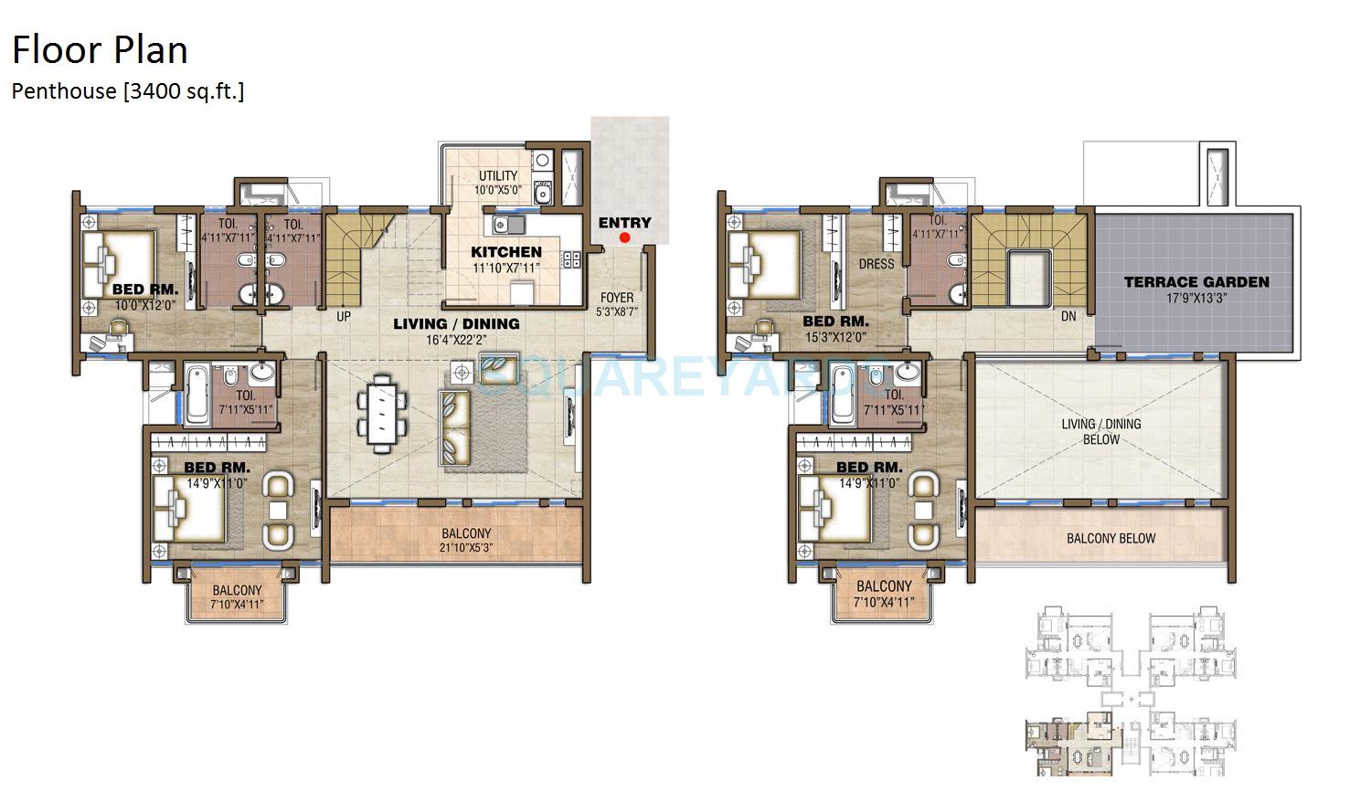 Floor plan of 4 BHK 3400 Sq. Ft. Penthouse in Assetz Homes East Point, Bangalore