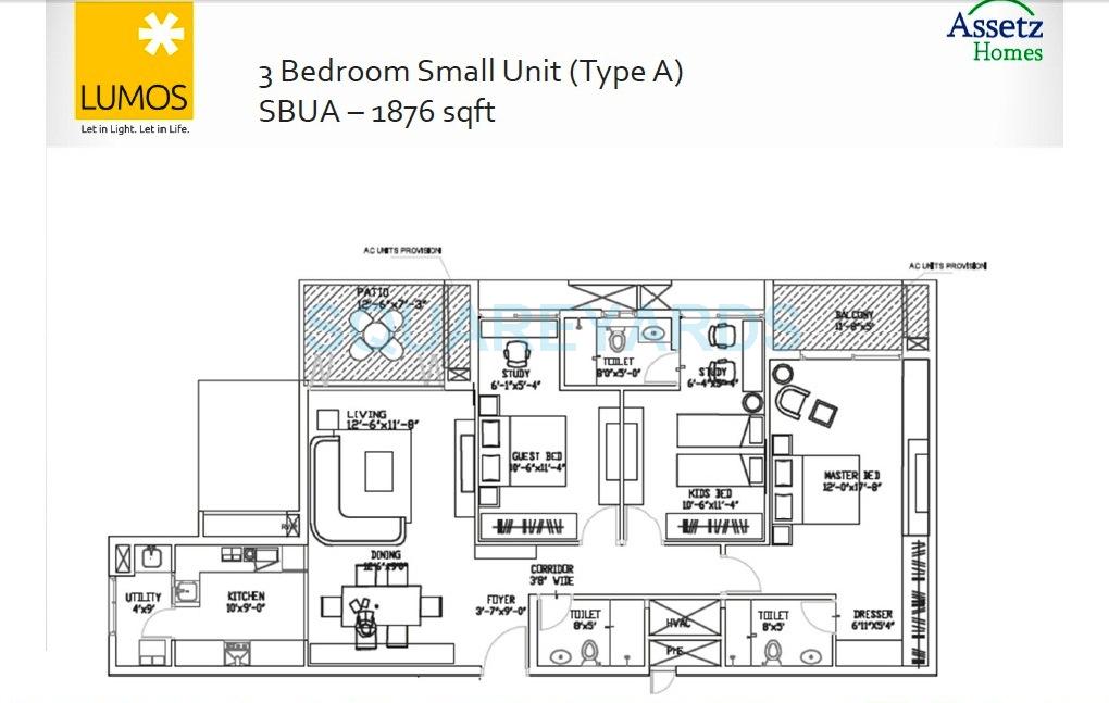 Floor plan of 3 BHK 1876 Sq. Ft. Apartment in Assetz Homes Lumos, Bangalore