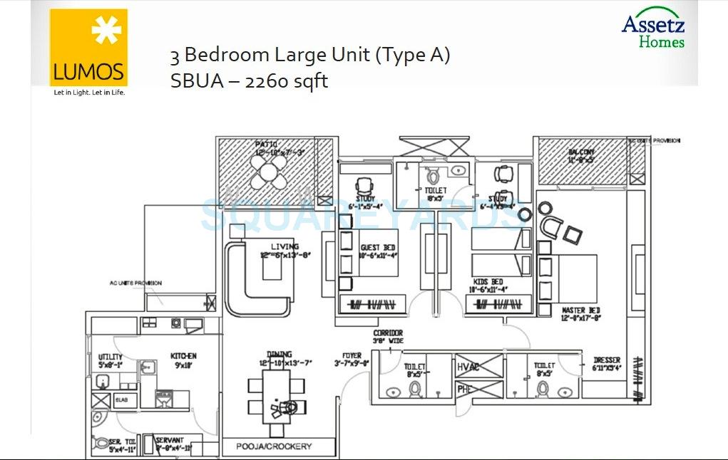 Floor plan of 3 BHK 2260 Sq. Ft. Apartment in Assetz Homes Lumos, Bangalore