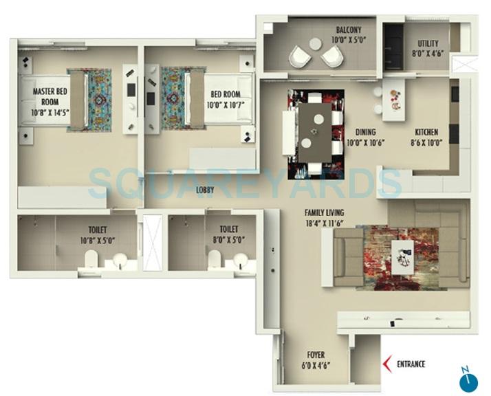 Floor plan of 2 BHK 1286 Sq. Ft. Apartment in Assetz Homes Marq Phase 1, Bangalore