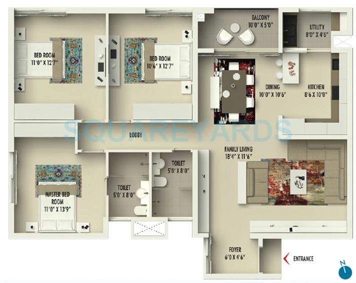 Floor plan of 3 BHK 1496 Sq. Ft. Apartment in Assetz Homes Marq Phase 1, Bangalore