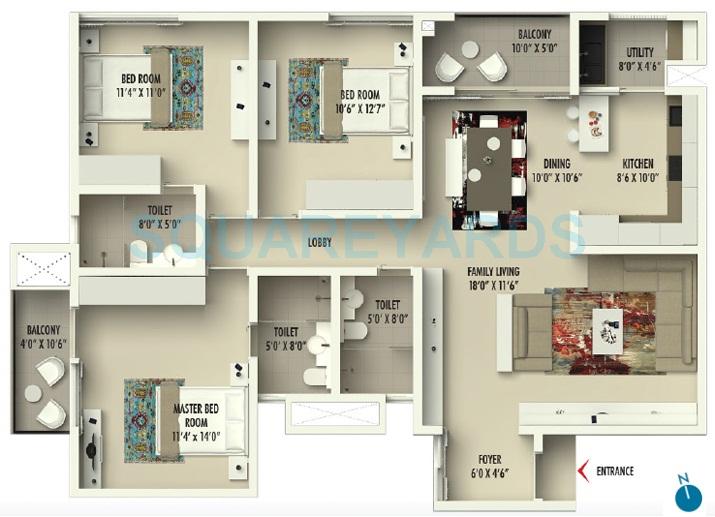 Floor plan of 3 BHK 1639 Sq. Ft. Apartment in Assetz Homes Marq Phase 1, Bangalore