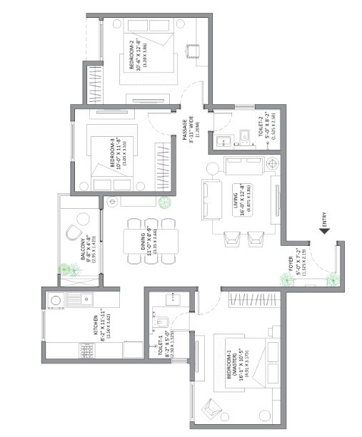 Floor plan of 3 BHK 1366 Sq. Ft. Apartment in Assetz Homes Marq Phase 1, Bangalore