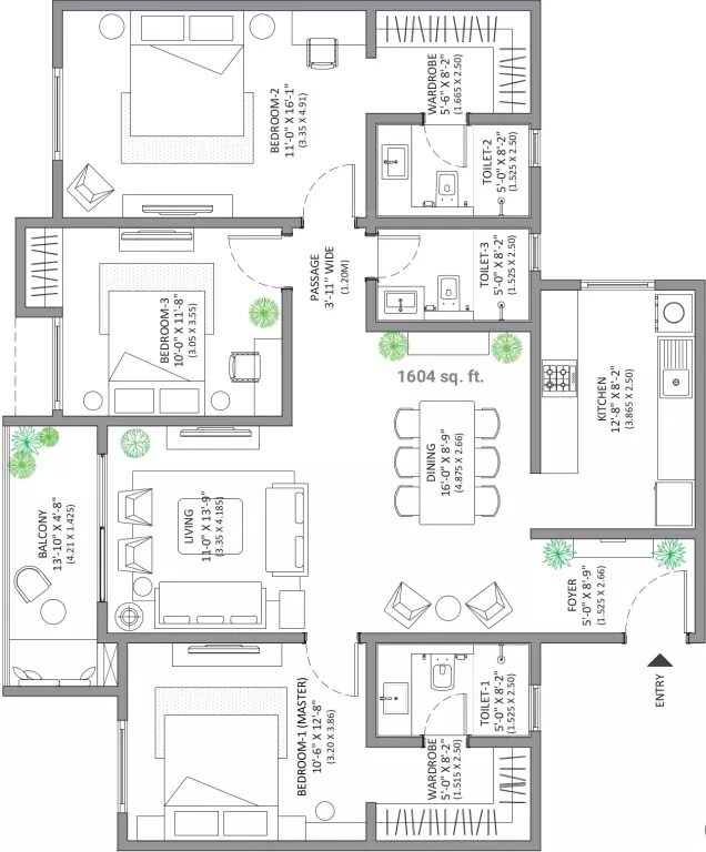 Floor plan of 3 BHK 1604 Sq. Ft. Apartment in Assetz Homes Marq Phase 1, Bangalore