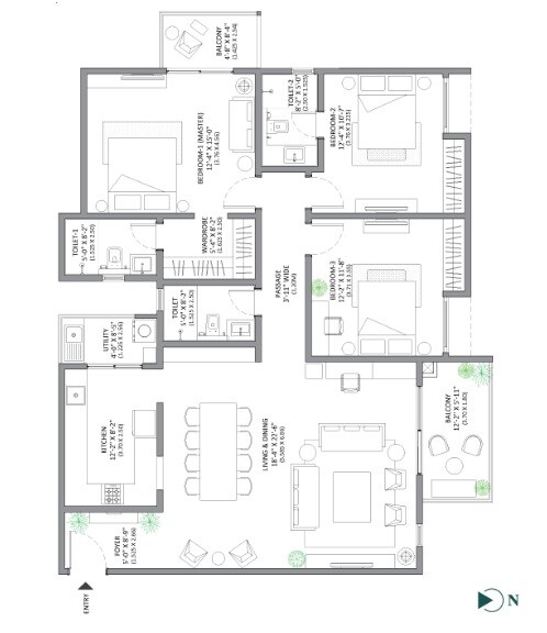 Floor plan of 3 BHK 1906 Sq. Ft. Apartment in Assetz Homes Marq Phase 1, Bangalore